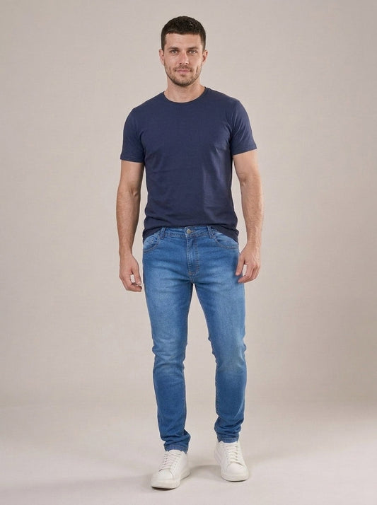 Calça Jeans Masculina Slim Cós Passantes Azul Convencional – frente