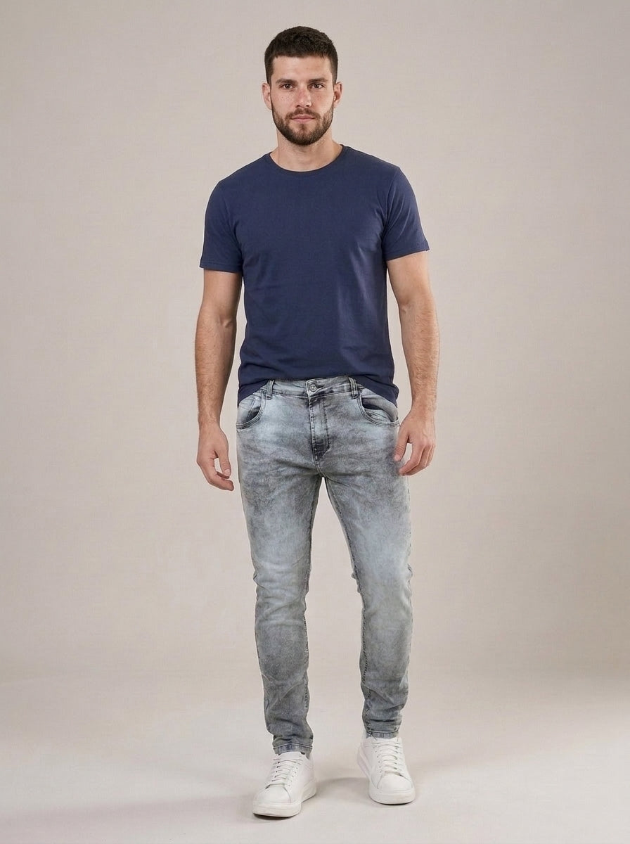 Calça Jeans Masculina Slim Cinza Claro Estonado – frente