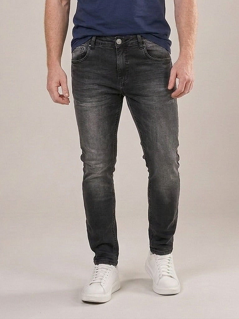 Calça Jeans Masculina Slim Cós Passantes Preto Cinzento – frente, meio corpo