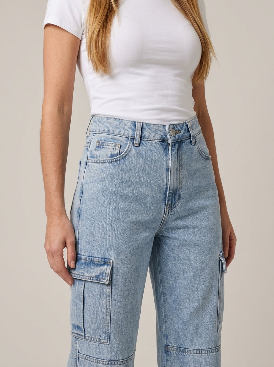 Calça Wide Leg Cargo – detalhe da frente