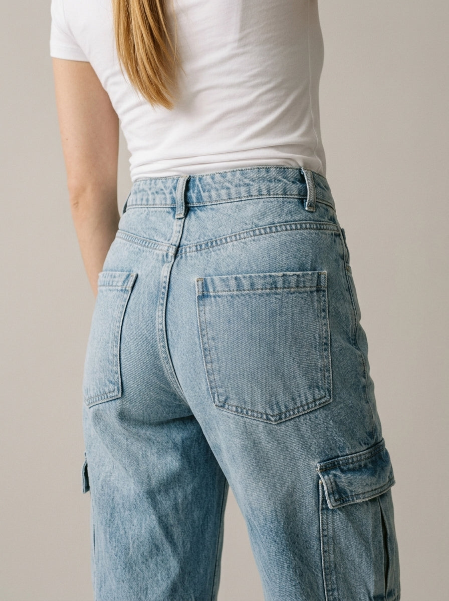 Calça Wide Leg Cargo – detalhe dos bolsos traseiros