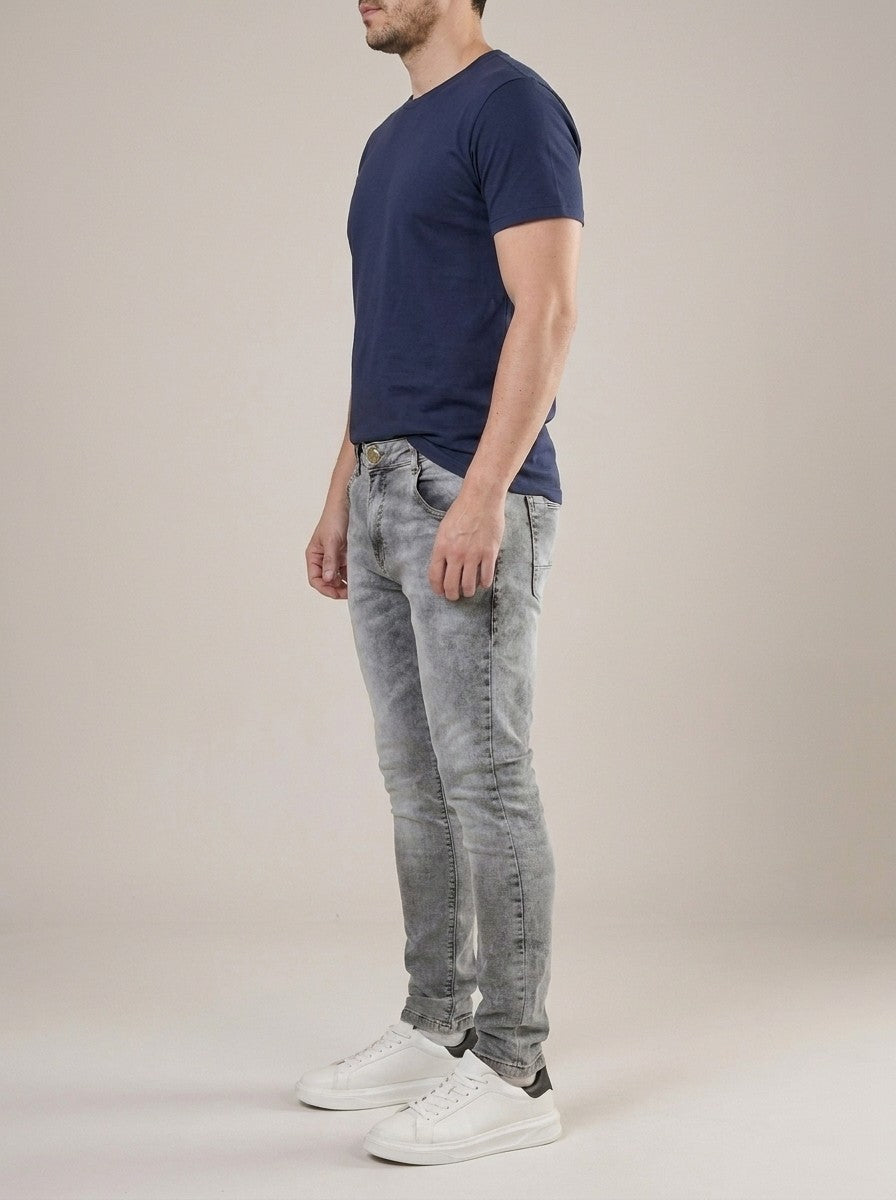 Calça Jeans Masculina Slim Cinza Claro Estonado – lateral