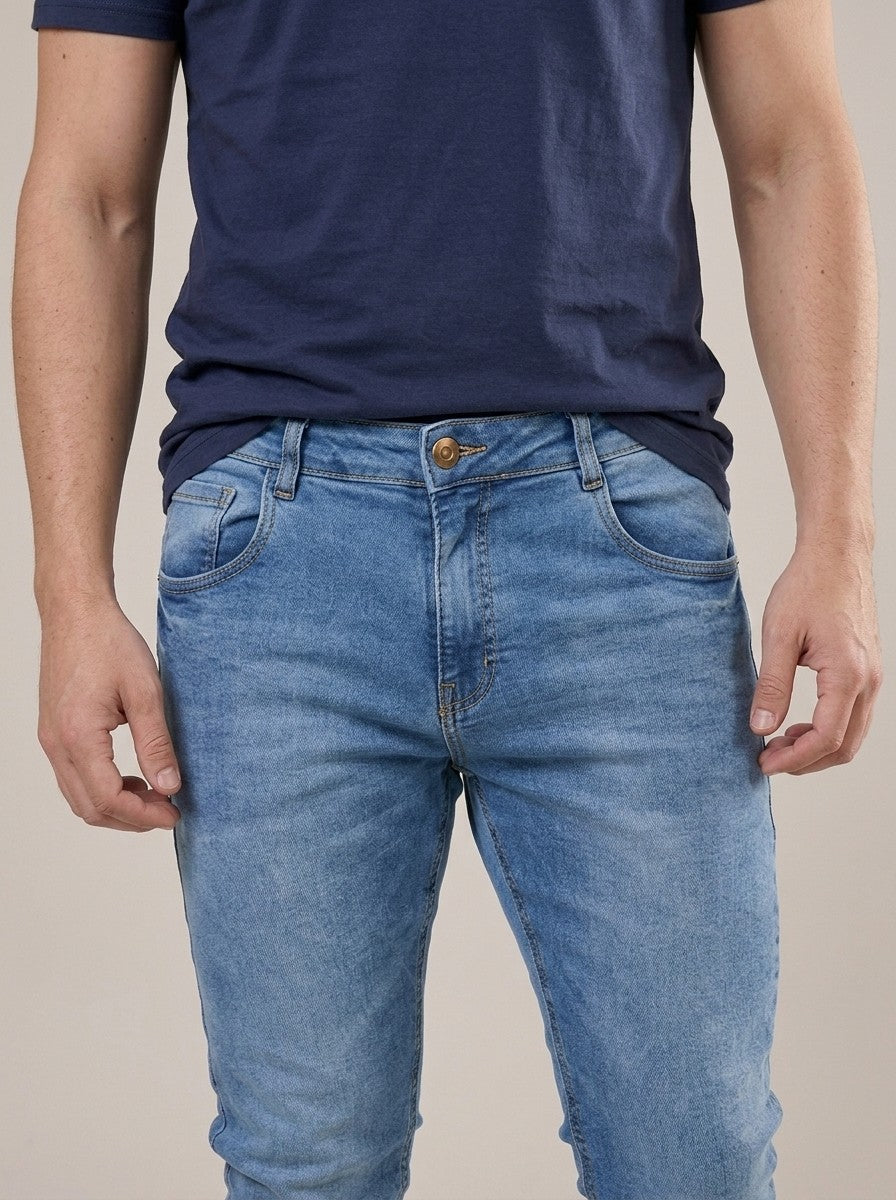 Calça Jeans Masculina Slim Cós Passantes Azul Bolton – detalhe da frente