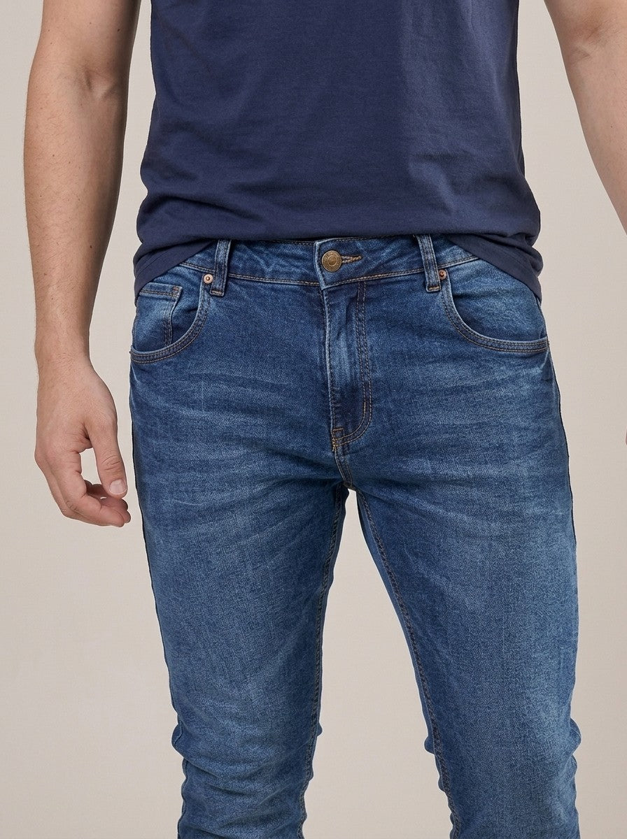 Calça Jeans Masculina Slim Cós Passantes Azul Mudsen – detalhe da frente