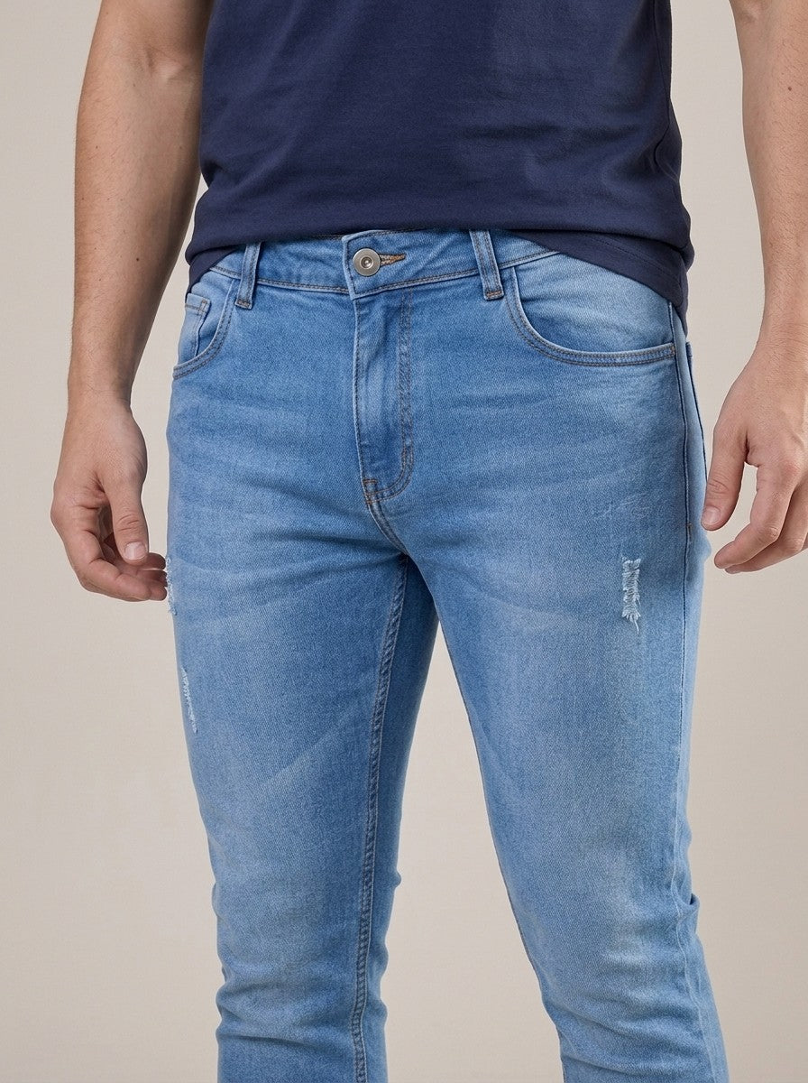Calça Jeans Masculina Slim Cós Passantes Azul Risk – detalhe da frente