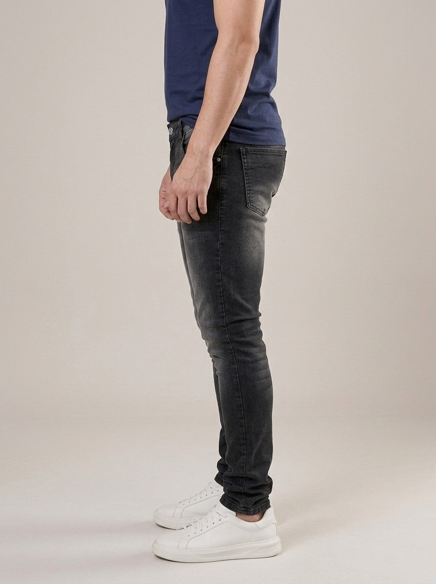 Calça Jeans Masculina Slim Cós Passantes Preto Cinzento – lateral